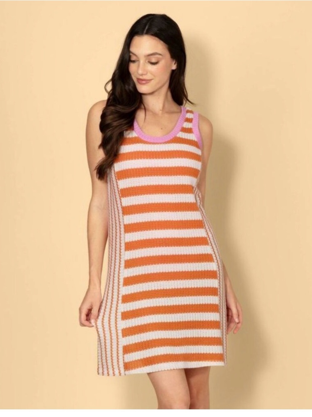 NWT Solid & Striped Women's Mini Crochet Dress, M - Orange/Cream Striped